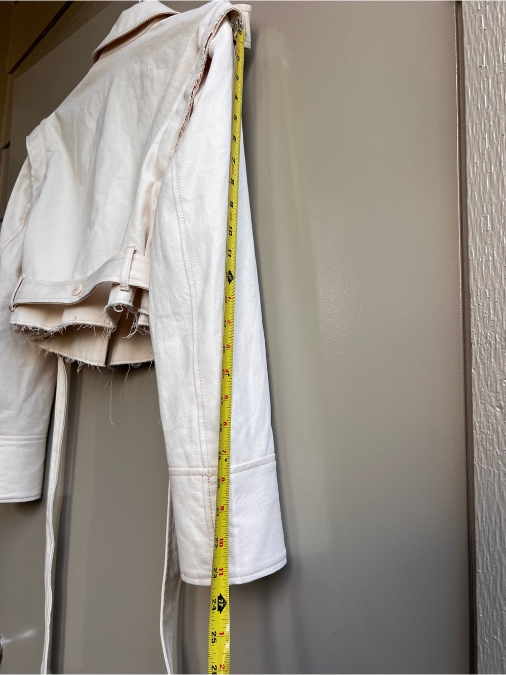 Zara XS S Cropped Denim Trench Jacket Ivory Raw Hem Belted Cotton Utility Blazer - Picture 16 of 16